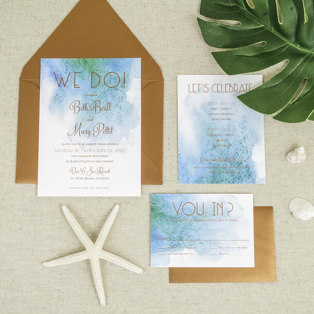 These modern beach themed wedding invitations feature a watercolor design reflecting the seaside beauty without having the typical "beachy" elements.