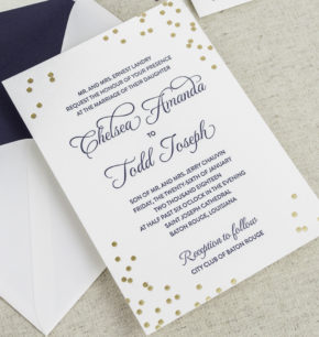 Gold and Navy Confetti Letterpress Wedding Invitations