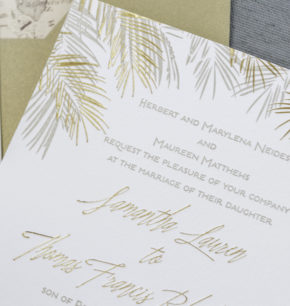 Tropical palms leaf letterpress and foil invitations