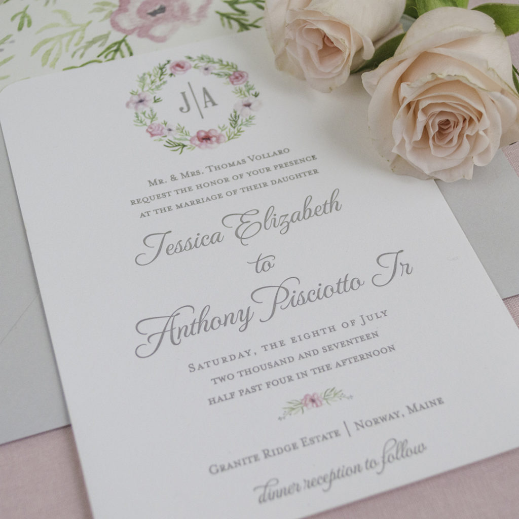 Floral Watercolor Crest Invitations - Letterpress Invitations