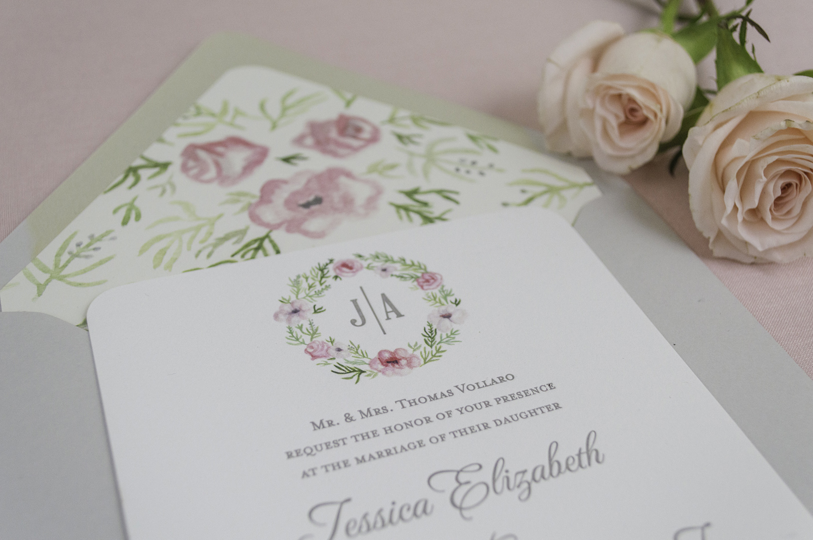 Blush Watercolor Crest Wedding Invitations
