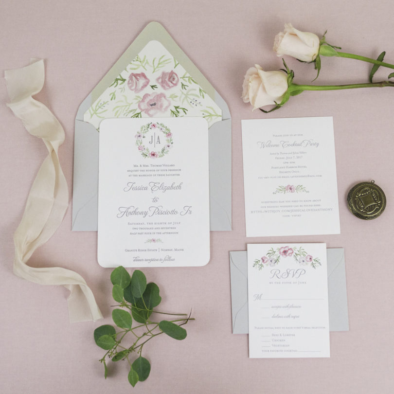 Floral Watercolor Crest Invitations - Letterpress Invitations