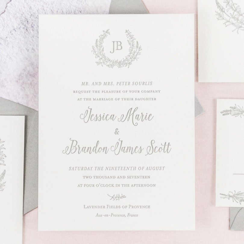 greenery monogram crest letterpress wedding invitations