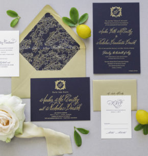 Elegant Crest & Citrus Inspired Wedding Invitations
