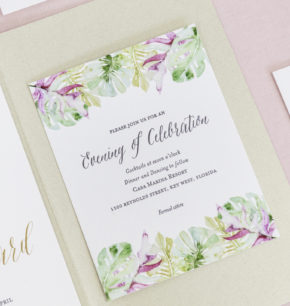 Tropical watercolor letterpress wedding invitation
